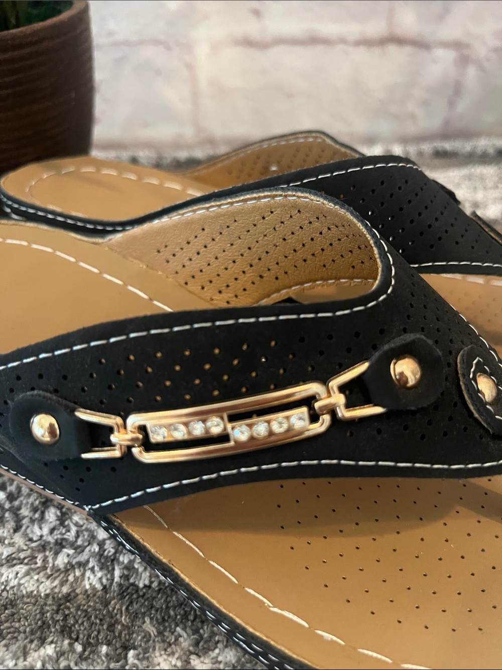 Black and Tan Embellished Thong Sandals - Picture 4 of 10